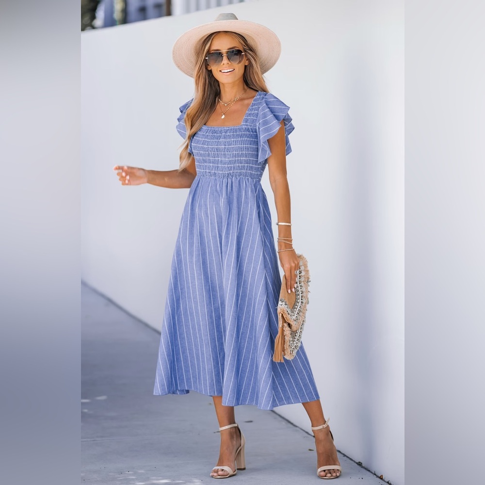 Cupshe Blue & White Striped Smocked Midi Dress with Ruffle Sleeves